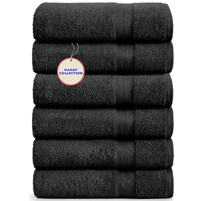KAHAF COLLECTION 100% Cotton Bath Towels, 24x48 Pack of 6 Towels, Quick Dry, Highly Absorbent, Soft Feel Towel, Gym, Spa, Bathroom, Shower, Pool, Luxury Soft Towels (Black, 24x48-6 Pack)