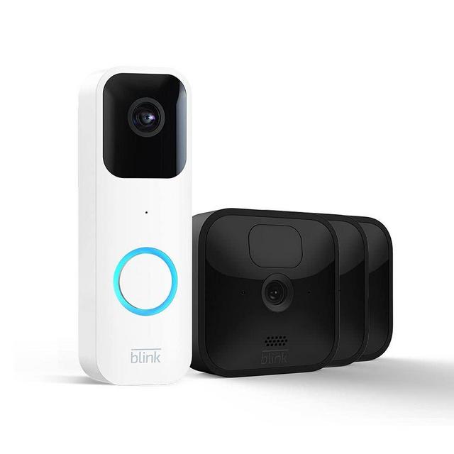 Blink Video Doorbell + 3 Outdoor camera system with Sync Module 2 | Two-way audio, HD video, motion and chime app alerts and Alexa enabled — wired or wire-free (White)