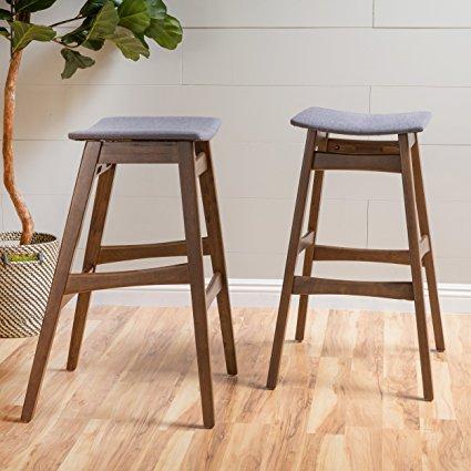 Oster Mid-Century Oxford Grey Fabric/ Walnut Finish Bar Stool (Set of 2)