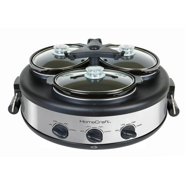 HomeCraft Stainless Steel Triple Round Oval 1.5 Quart Stainless Steel Cooker Buffet With Adjustable Temperature Control, Removable Lids & Spoon Rests, Perfect For Dinner, Appetizers