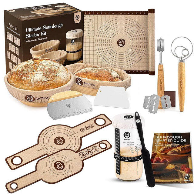 Sourdough Bread Baking Supplies with 24oz Starter Jar, 9" Round & 10" Oval Indonesian Rattan Baskets, Bread Lame, Danish Whish, Scrapers, Slings, and Mat - 21 Piece Sourdough Starter Kit for Beginners