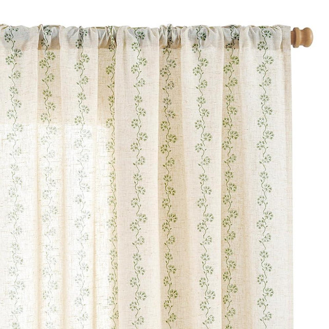 Lazzzy Cathy Linen Floral Curtains 63 inch Length for Kitchen Cute Privacy Curtains for Kids Room Rod Pocket Back Tab Light Filtering Drapes Farmhouse Cottage Core Decor 50"x63" Sage Green on Linen