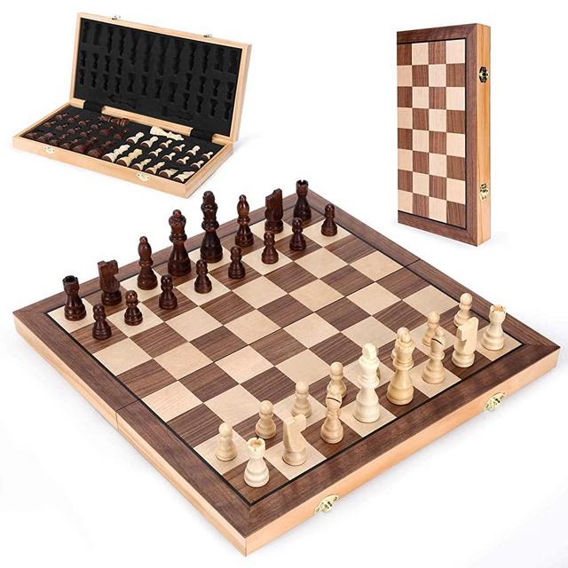 Wooden Chess Set 15 In, Magnetic Folding Portable Compact Travel Chess Board Handcrafted Set, Beautifully Carved Pieces + Foam Storage Slots + 2 Extra Queens + Gift Box, for Kids Adults Beginners' Set