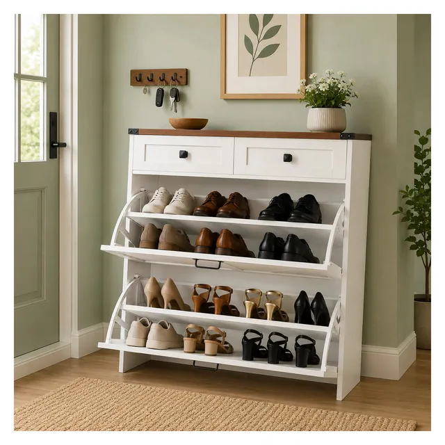 Farmhouse Slim Shoe Cabinet with Flip Drawers & Utility Storage-White