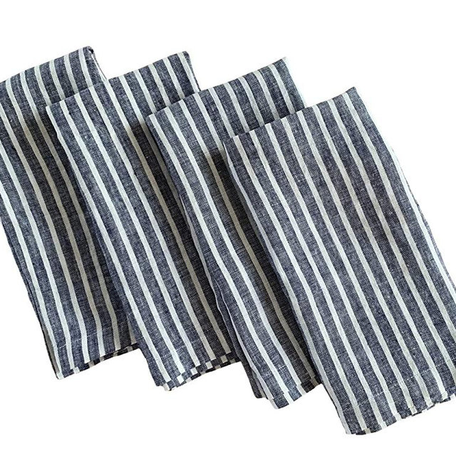 Eight Owls Linen Napkins – 100% French Flax – Stonewashed Pure Linen Cloth Napkins – Mitered Corners – Set of 4 (Navy Blue/White Stripe)