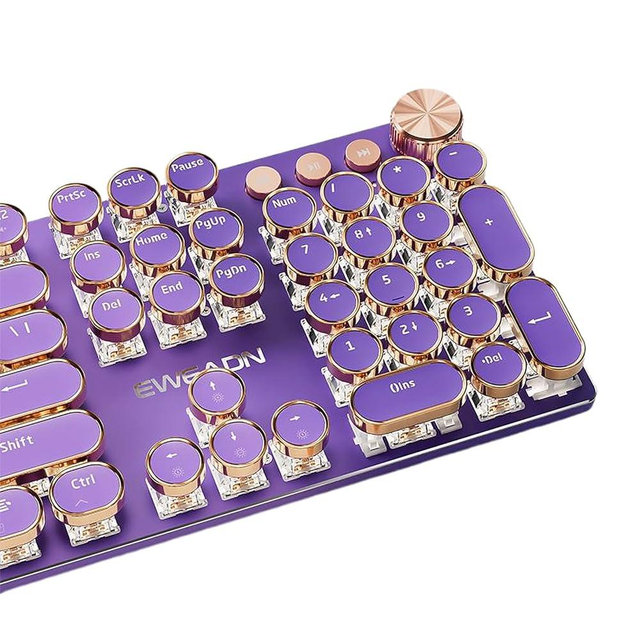 TISHLED EWEADN Typewriter Style Mechanical Gaming Keyboard White LED Backlit 104-Key NKRO Pink Switches Retro Round Keycaps Golden Ring Volume Knob Metal Panel Wired USB-C Detachable Cable, Purple