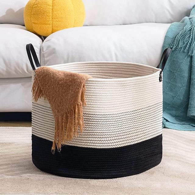 YOUDENOVA Cotton Rope Woven Laundry Basket, 70L Large Dirty Clothes Hamper with Leather Handles for Bedroom, Bathroom, Nursery (White & Black)