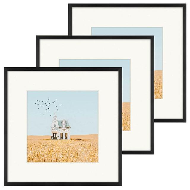 Golden State Art, 12x12 Aluminum Metal Frame with Ivory Mat for 8x8 Pictures, Includes with Sawtooth Hangers and Spring Clips - Wall Mounting - Real Glass (Black, 3 Pack)