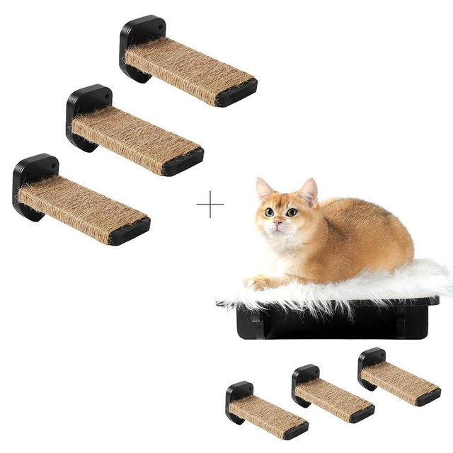 Cat Wall Shelves + 3 Pcs Cat Wall Steps,Corner Cat Shelf with 3 Steps Scratch Post,Wall-Mounted Cat Climbing Shelf Cat Wall Furniture Steps Set