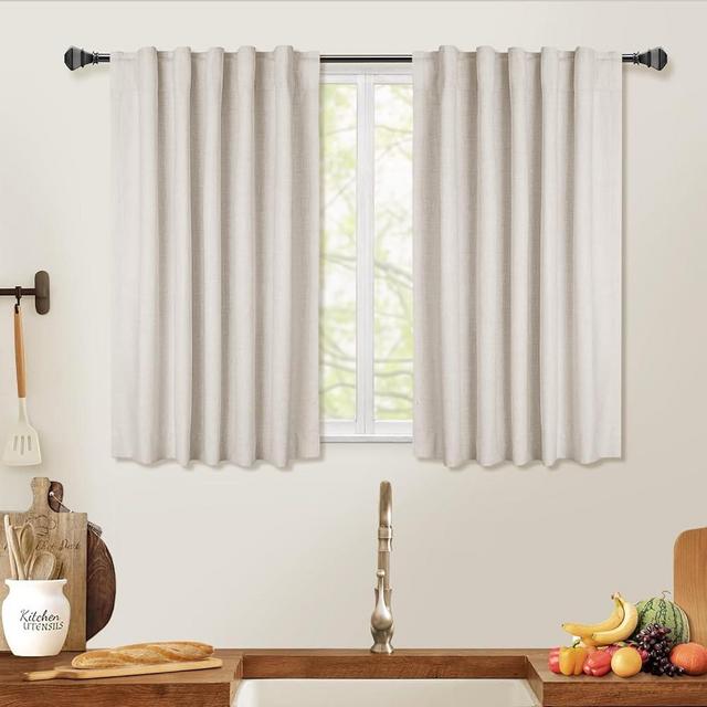 100% Blackout Curtains Short,Kitchen Curtains Sets for Windows,Back Tab/Rod Pocket Short Curtains,Thermal Insulated Textured Short Blackout Curtains 2 Panels Set,42" W x 45" L,Cream