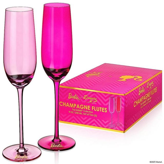 Dragon Glassware x Barbie Champagne Flutes, Pink and Magenta Crystal Glass, Mimosa and Cocktail Glasses, 8 oz Capacity, Set of 2