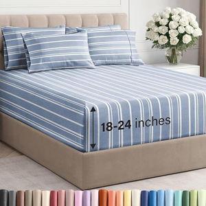 Extra Deep Queen Sheet Set - 6 Piece Breathable and Cooling Sheets - Hotel Luxury Bedding for Women, Men, Kids & Teens - Easy Secure Fit - Soft and Wrinkle Free with Extra Deep Pockets - Blue Stripes