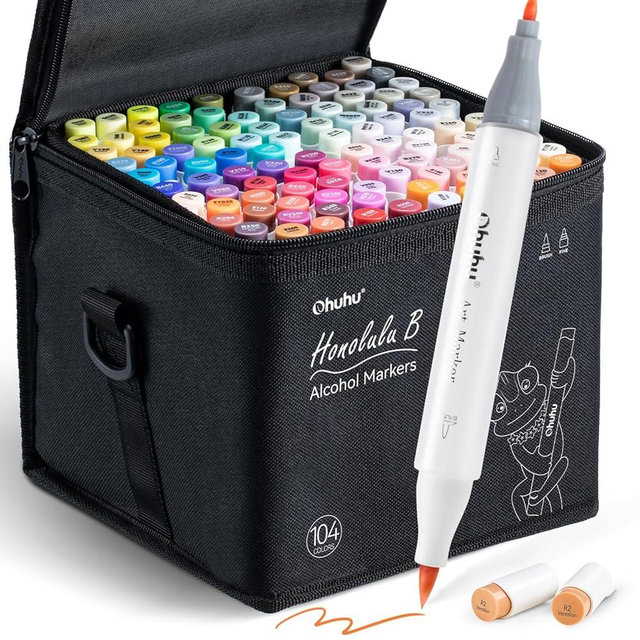 Ohuhu Alcohol Markers Brush Tip- 104-color Double Tipped Alcohol Based Art Marker Set for Artists Adults Coloring Illustration- Honolulu B of Ohuhu Markers- Dual Tip Brush & Fine- Refillable