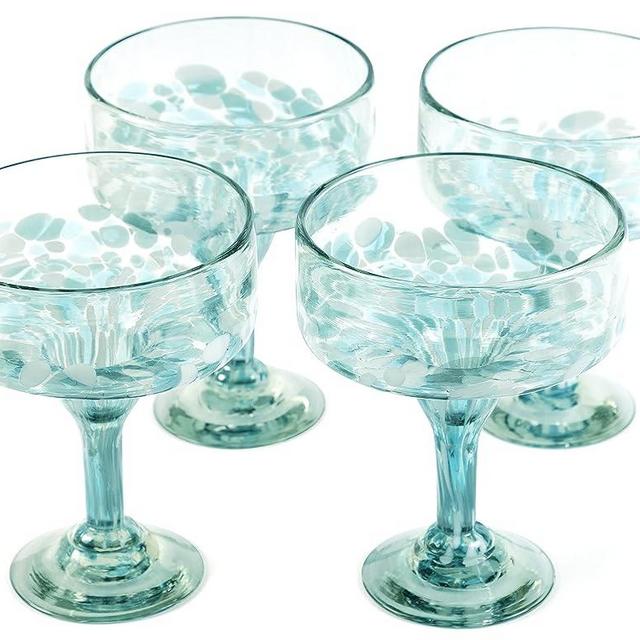 16 oz Hand Blown Mexican Margarita Glasses Set of 4 Mexican Glassware - Ocean Blue Confetti
