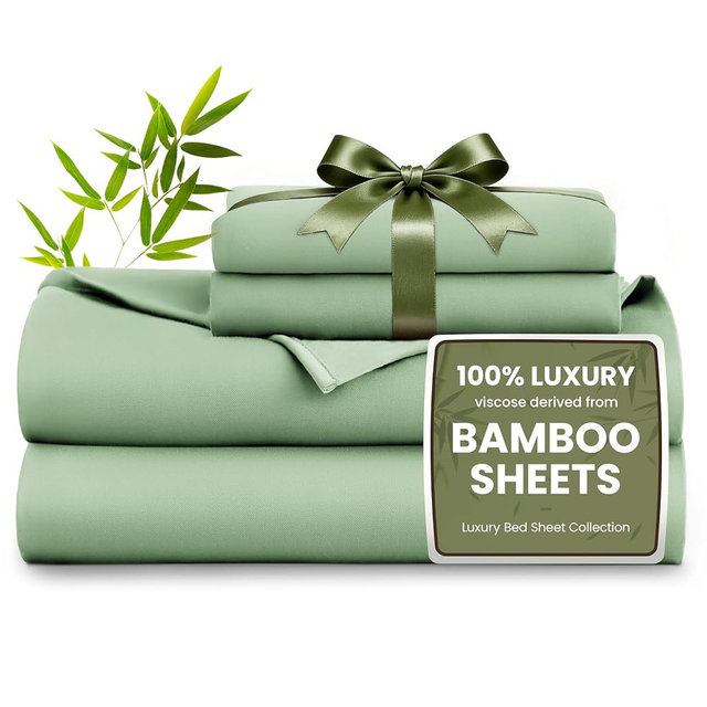 Love's cabin 4 Piece King Size Sheet Set, 100% Rayon Derived from Bamboo, Cooling & Breathable, Soft Silky Deep Pocket up to 16", Hotel Luxury Bedding for Hot Sleepers, Sage Green
