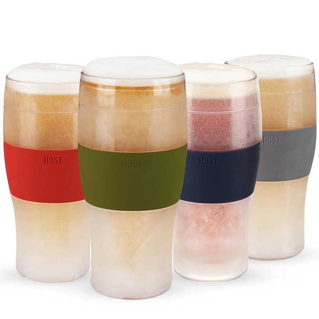 HOST Beer FREEZE Beer Glass Cups Set Drinking Glasses, Freezer Mugs with Gel Double Walled Cool Cups Plastic Multicolor 16oz Set of 4