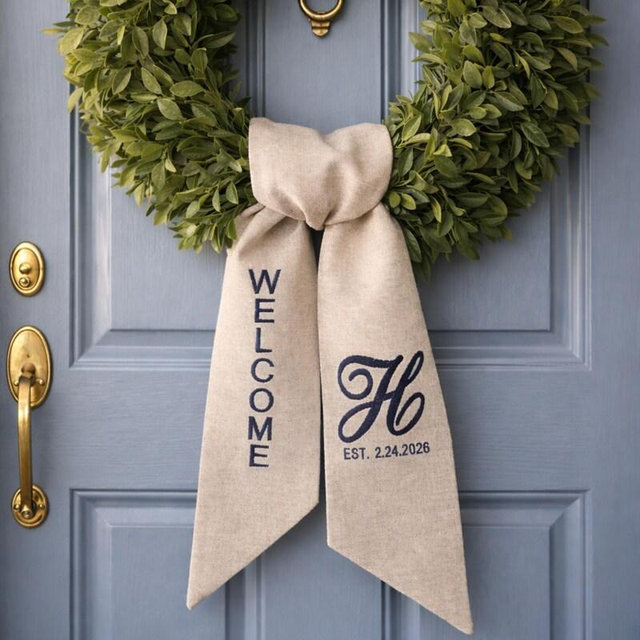 Personalized Linen Wreath Sash: Monogrammed Entryway Decor, Wedding Keepsake, Housewarming Gift