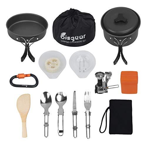 16pcs Camping Cookware Stove Carabiner Folding Spork Set Bisgear(TM) Outdoor Camping Hiking Backpacking Non-stick Cooking Non-stick Picnic Bowl Pot Pan , Folding Spork , Mini Stove with Piezo Ignition