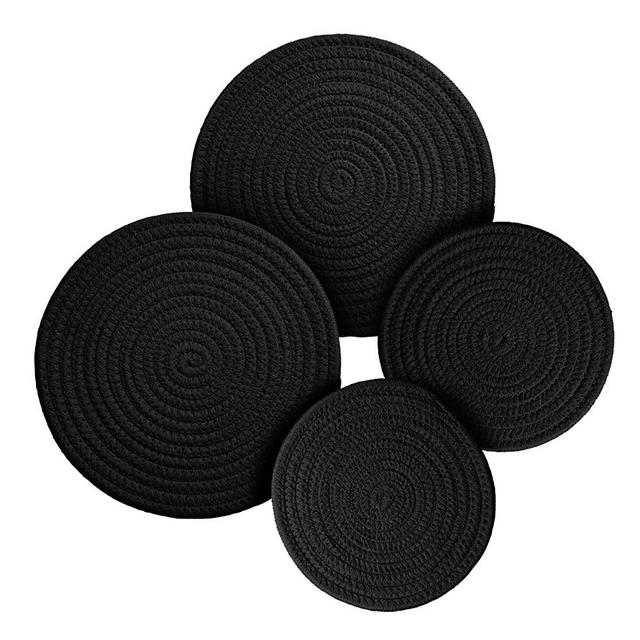 Potholders Set Trivets Set 4pcs 2 sizes 7 Inches & 9 Inches Diameter 100% Eco Pure Cotton Thread Weave Trivets for Hot Pots and Pans | Kitchen Trivets for Hot Dishes Hot Pot Holders (Black)