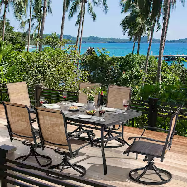Nuu Garden Brown 7-Piece Textilene and Iron Metal Outdoor Dining Set, 6-Swivel Chairs and Rectangle Dining Table SID021-01-HD01