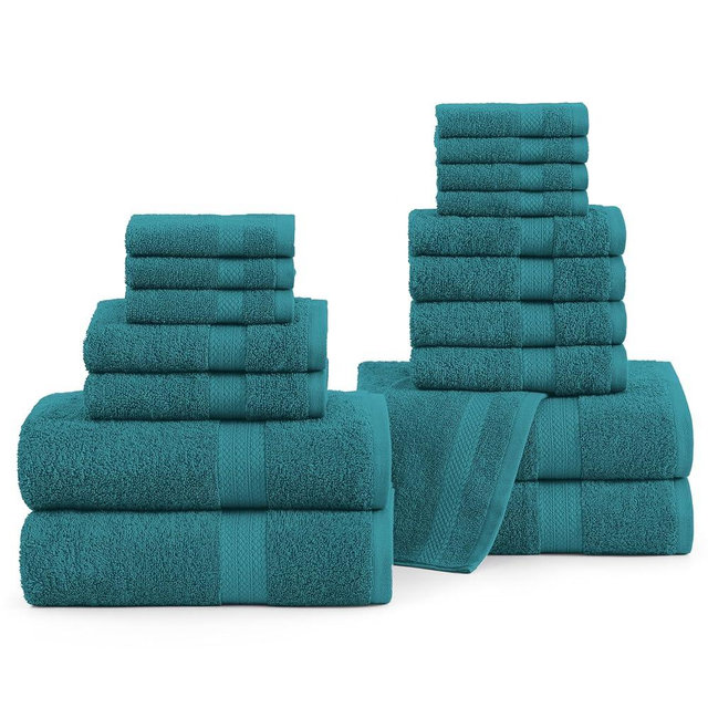LANE LINEN 18-Piece Cotton Bath Towel Set - 4 Bath Towels, 6 Hand Towels, 8 Washcloths - Soft Turkish Towels for Bathroom - Sea Port