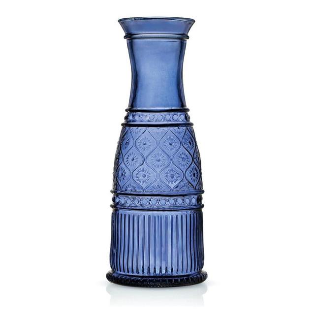 Godinger Carafe, Glass Pitcher, Wine Pitcher, Water Pitcher – Embossed Victorian-Inspired Crystal Design, Blue Carafe 35oz