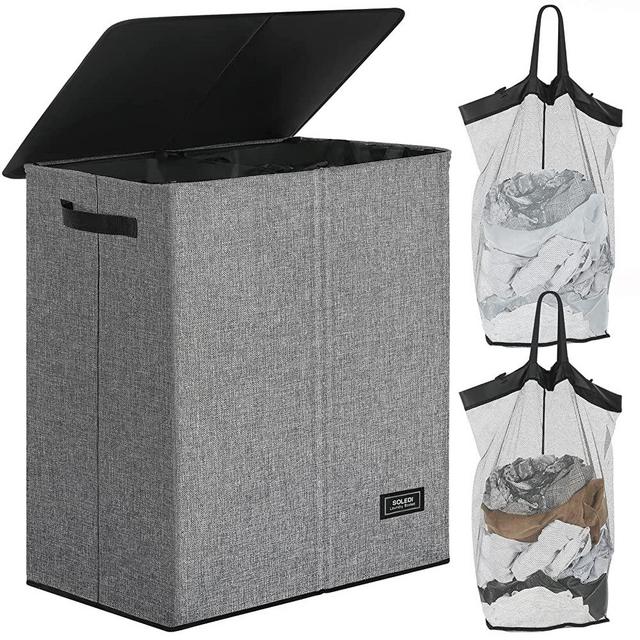 SOLEDI 145L Double Laundry Hamper with Lid, Laundry Basket 2 Section, Collapsible Dirty Clothes Hamper with Sturdy Inside Laundry Bag, Hampers for Bedroom, Dorm, College, Hampers for Laundry