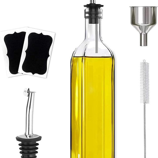 Leaflai Olive Oil Dispenser Bottle, 1 Pcs Glass Olive Oil Dispenser and Vinegar Dispenser Set with 2 Stainless Steel Pourers, 2 Labels,1 Brush and 1 Funnel Oil Bottles for Kitchen (500ml)