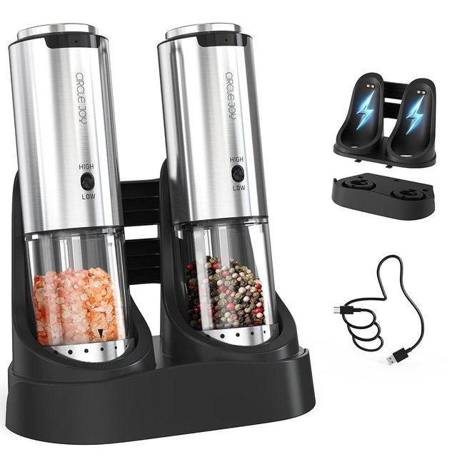 CIRCLE JOY Rechargeable Salt and Pepper Grinder Set Stainless Steel Electric Pepper Grinders with Variable Grinding Speed, External Adjustable Coarseness, Charging Base and Whiet LED Light, Silver