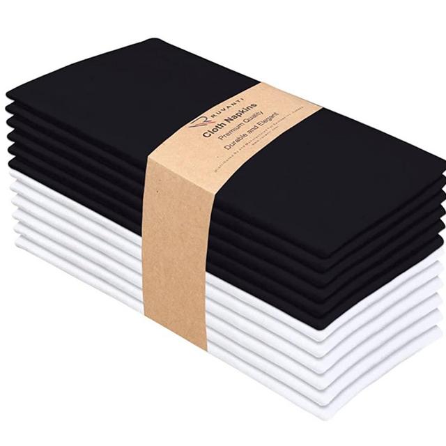 Ruvanti Black & White Cloth Napkins Set of 12, 18X18 Inch Durable Linen Napkin Soft, Comfortable, Reusable & Washable Fabric, Perfect Table Napkins, Cotton Dinner Napkins, Cocktail Napkin for Home Use