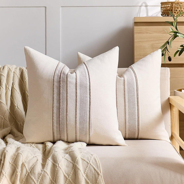 Boho Throw Pillow Covers 18x18 Set of 2, Textured Linen Decorative Cushion Covers, Neutral Beige Striped Pillowcases for Couch, Sofa, Bed Farmhouse & Modern Living Room Decor