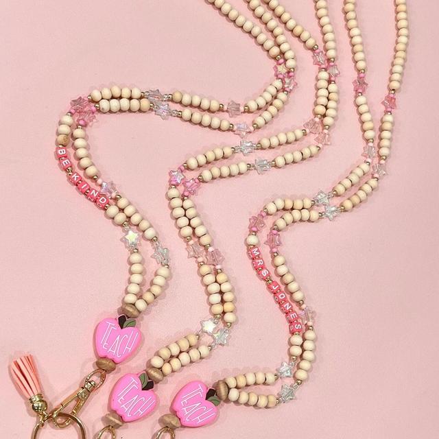 Pink Apple TEACH lanyard, Pink Stars Lanyard, Teacher Gift, Badge Necklace, Fun Lanyard, Wood Bead Lanyard, Beaded Lanyard