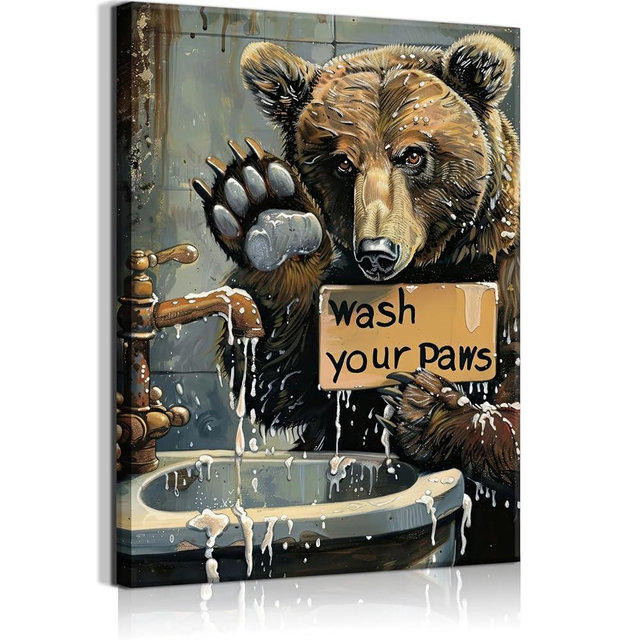 Bathroom Bear Wall Art Funny Animal Wall Decor Wash Your Paws Drawing Picture Rustic Style Poster Print Ideal Gift for Animal Lovers Suitable for Living Room Bedroom Ready to Hang (12x16in Canvas)