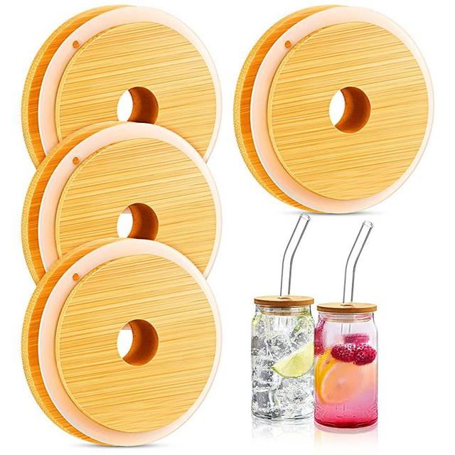 16oz Beer Can Glasses Lids with Straw Hole Bamboo Lids Glass Cups Mason Jar Lid Beer Can Lids for Drinking Glasses (4 Pieces)