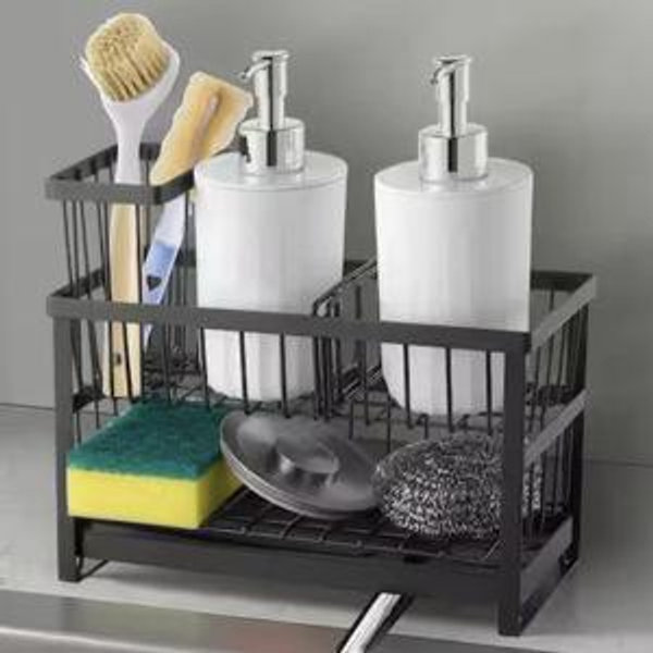 SKYSHALO 2-Tier Kitchen Sink Caddy Organizer, Sponge and Brush Holder w/ Divider, Rotating Drain Spout, Countertop Storage Rack HMJTMSBXGDH0QOF3O001V0-0723