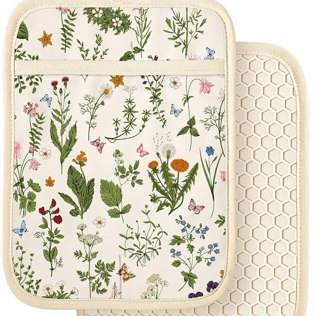Slohif Silcone Flower Pot Holders for Kitchen - 100% Cotton Beige Cute Retro Oven Potholders with Pockets, Heat Resistant Square Thick Hot Pads, House New Home Baking Baker Gifts,2pack