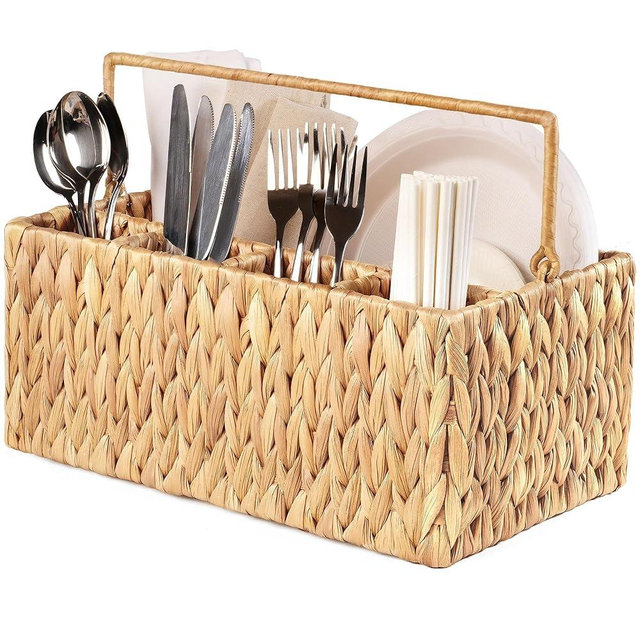 DAI VU CRAFTS Hand-Woven Large Wicker Utensil Caddy, Outdoor Silverware Caddy, Silverware Caddy for Party, Cutlery Holder, Utensil Holder for Party, Napkin and Utensil Holder, Outdoor Utensil Caddy