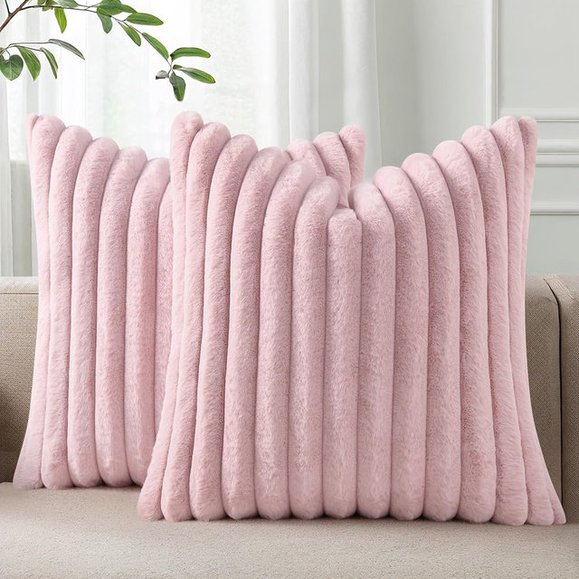 Pallene Faux Fur Plush Throw Pillow Covers 18x18 Set of 2, Luxury Soft Fluffy Striped Decorative Pillow Covers for Sofa, Couch, Living Room, Blush Pink