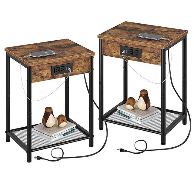 Seventable End Table Set of 2 with Charging Station & USB Ports, Narrow Side Table for Living Room, Nightstand with Storage Shelf 2-Tier Sofa Table for Bedroom Rustic Brown 2 Pack