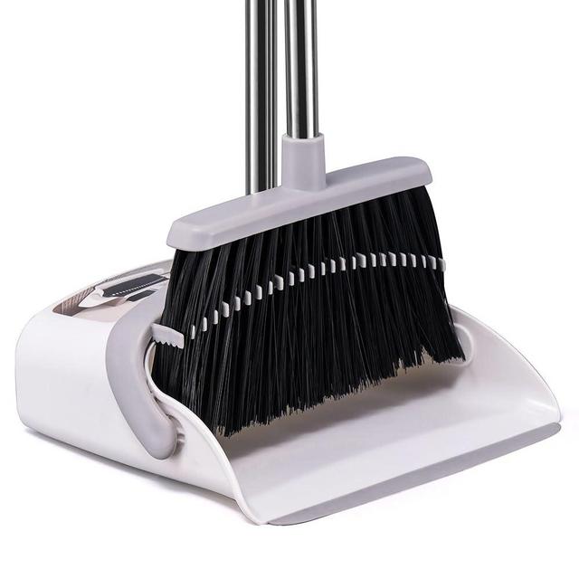 OPTTIDI Broom with Dustpan Combo Set Hand Broom and Dustpan Set for Sweeping Indoor Angle Broom for Home Office Kitchen Lobby Floor Pet Hair Indoor&Outdoor Cleaning White&Gray