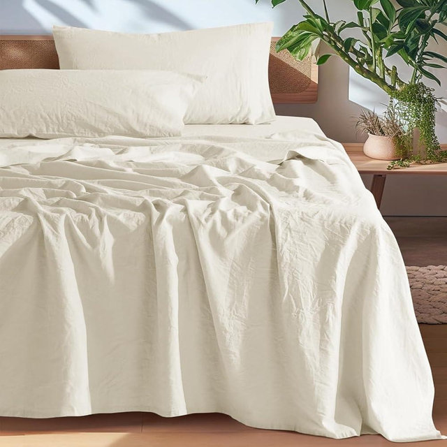 SONORO KATE 100% French Pure Linen Sheets, Breathable and Durable Line Sheets, Anti-Tear Line Bed Sheets, Machine Washable, 16 Inch Deep Pocket - 4 Piece (Cream, California King)