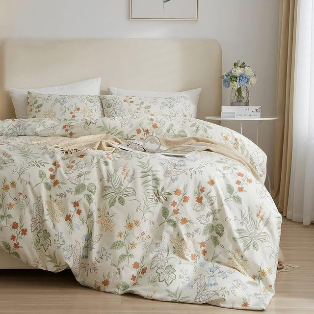 mixinni Vibrant Colored Comforter Set Queen Size, Farmhouse Bedding Sets Fluffy Soft Fresh Flowers Green Leaves All Season 3 Pieces Cute Floral Bedding Comforter Set for Women