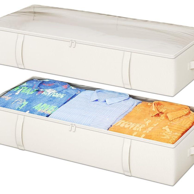TidyCorner 2-Pack Under Bed Storage Containers, 8 Inches Tall Underbed Clothes Storage Organizer Bin with Sturdy Sidewalls/Bottom, Under the Bed Storage Bags 2 Storage Bins, Beige