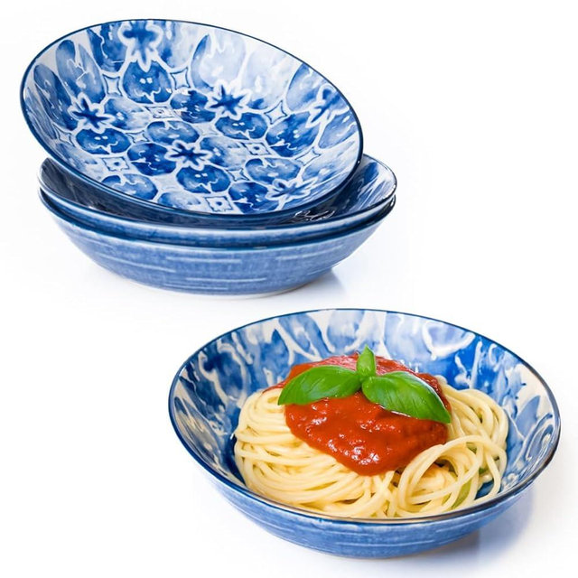 Caldwell Kitchen Co Pasta Bowls Set of 4 – Wide Ceramic Bowls for Pasta, Salads & Noodles | Elegant Serving Bowls for Everyday Use | Microwave & Dishwasher Safe Dinnerware Set
