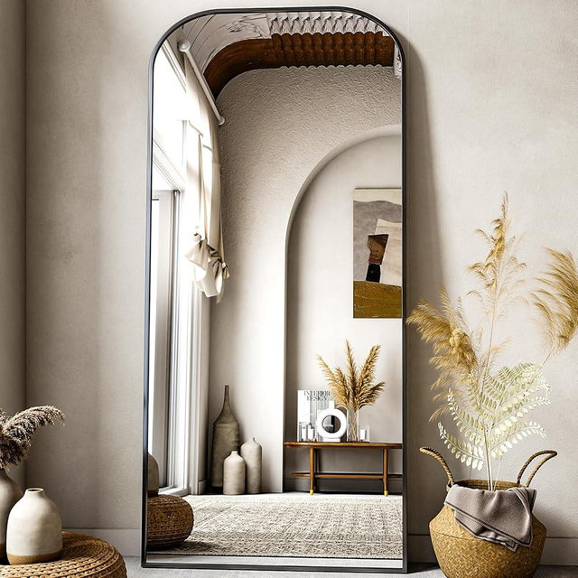 XRAMFY Full Length Mirror, 71"x28" Floor Mirror Freestanding, Arched Floor Standing Large Mirror Full Body Mirrors with Stand for Bedroom, Hanging Mounted Mirrors for Living Room,Black