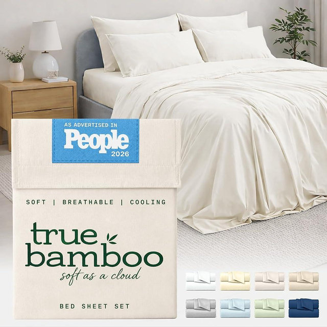 TRUE BAMBOO Sheets Set Queen Size - Silky Soft & Naturally Cooling for Hot Sleepers - Luxe 4 Piece Bed Sheets with Breathable & Moisture-Wicking Fabric - 16" Deep Pocket, Light Beige
