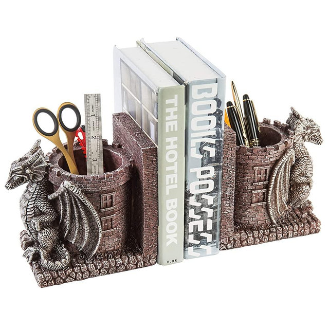MyGift Dragon Guard Castle Decorative Resin Bookends/Pencil Holders