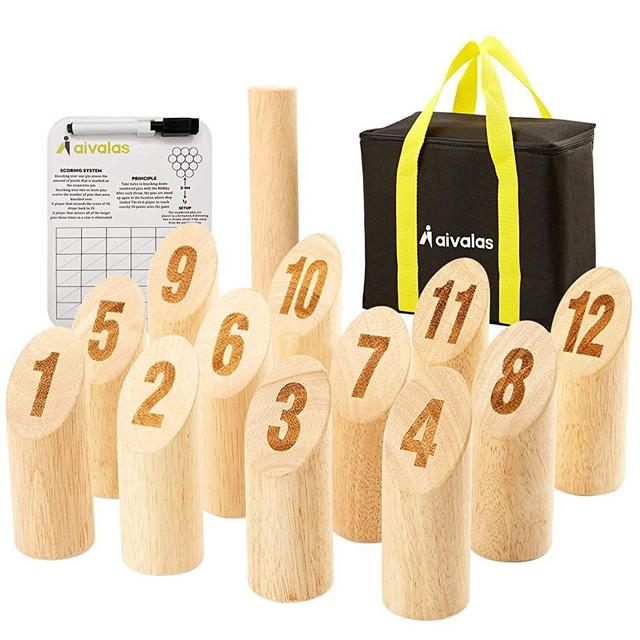 Aivalas Wooden Numbered Block Tossing Game Set, Throwing Bowling Game with 12 PCS Numbered Pins | Throwing Dowel | Scoreboard | Carrying Bag, Outdoor Lawn Game for All Age