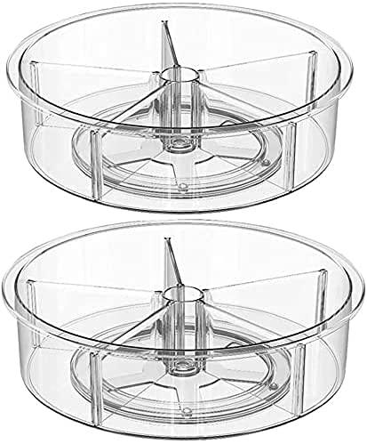 Lazy Susan Turntable Storage Bin and Organizer with 5 Compartments for Spices, Sauces, Snacks, Packets, Bottles, used for Kitchen Cabinet, Refrigerator, Countertop or Bathroom,2 pack