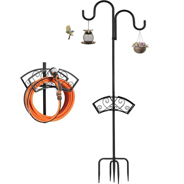 Garden Hose Holder, Upgraded Heavy Duty Water Hose Holder, Freestanding Hose Stand with 2 Shepherds Hooks, Thickened Bird Feeder Pole Detachable Water Pipe Rack Organizer for Outside Yard Lawn